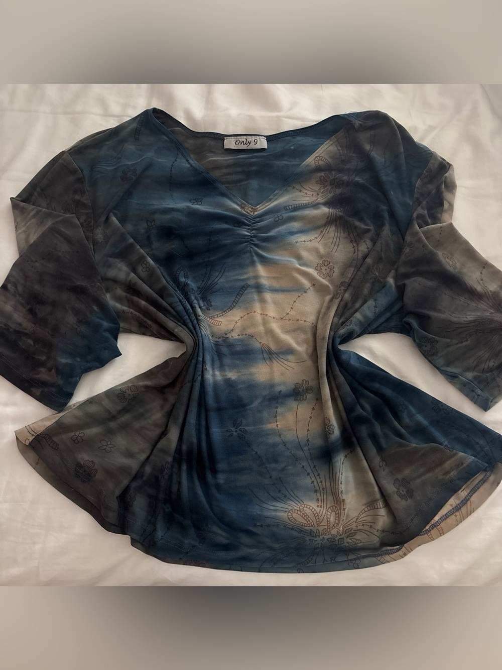 Blue and Taupe V-Neck Ruched Women’s Top